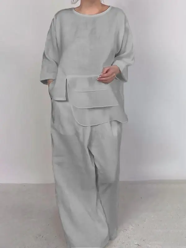 Round Neck Satin Layered Design Blouse Wide Leg Pants Suit Red - Shop at LoveMi