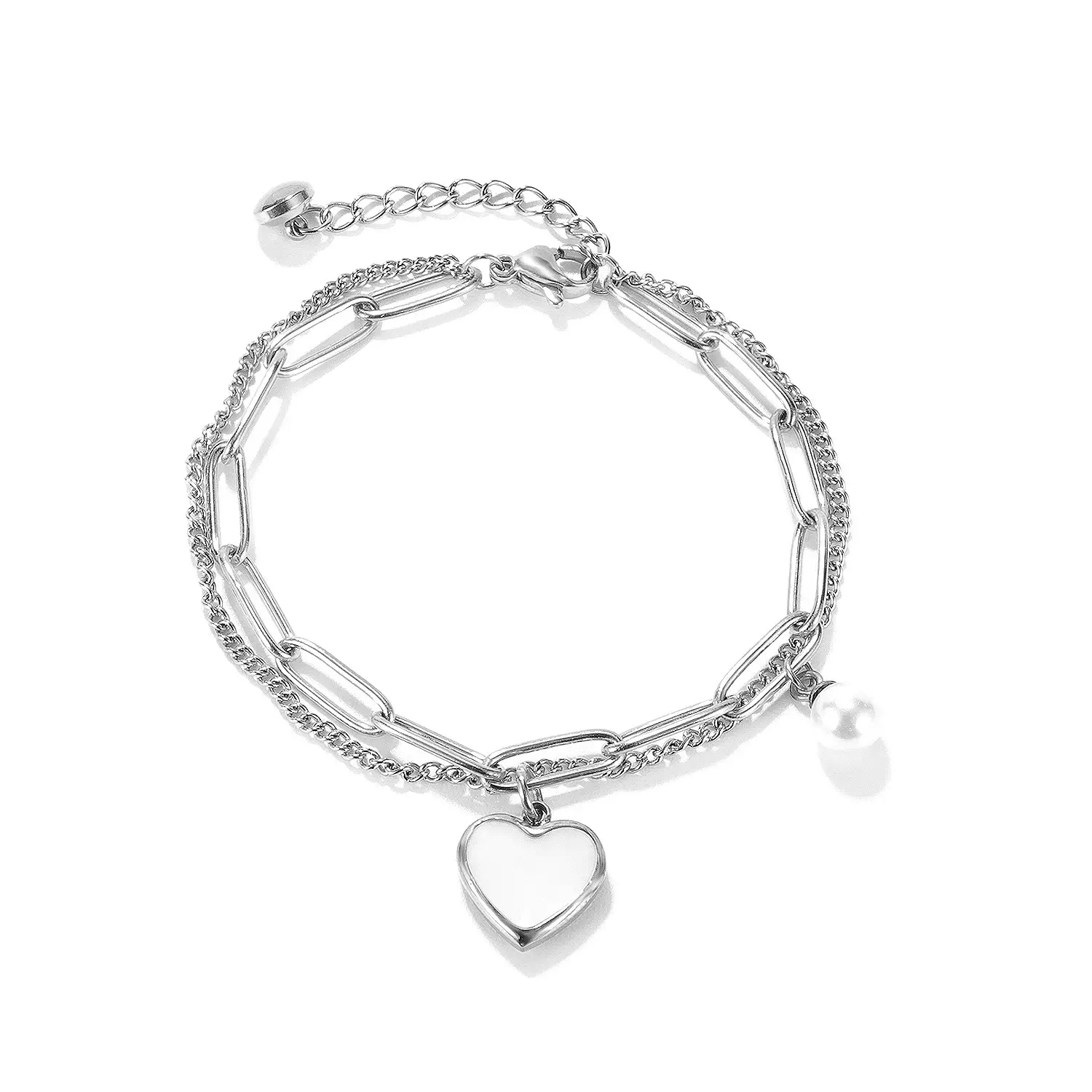 Personality Double-layer Peach Heart Pearl Stainless Steel Bracelet