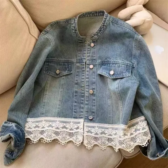 Retro Washed Small Stand Collar Lace Stitching Loose Casual Denim Coat Women's Short Light Blue - Shop at LoveMi