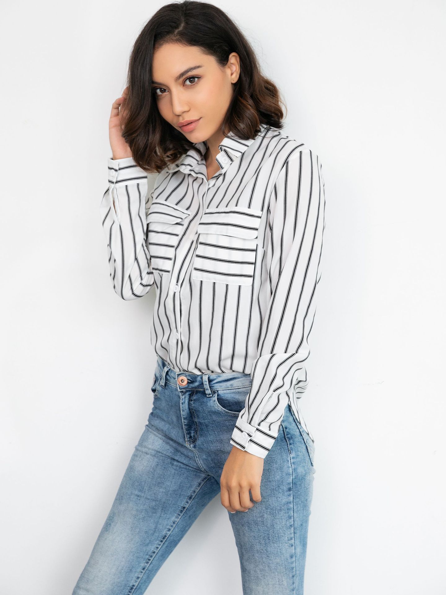 Title 7, Sexy vertical stripe shirt V-Neck long sleeve t...