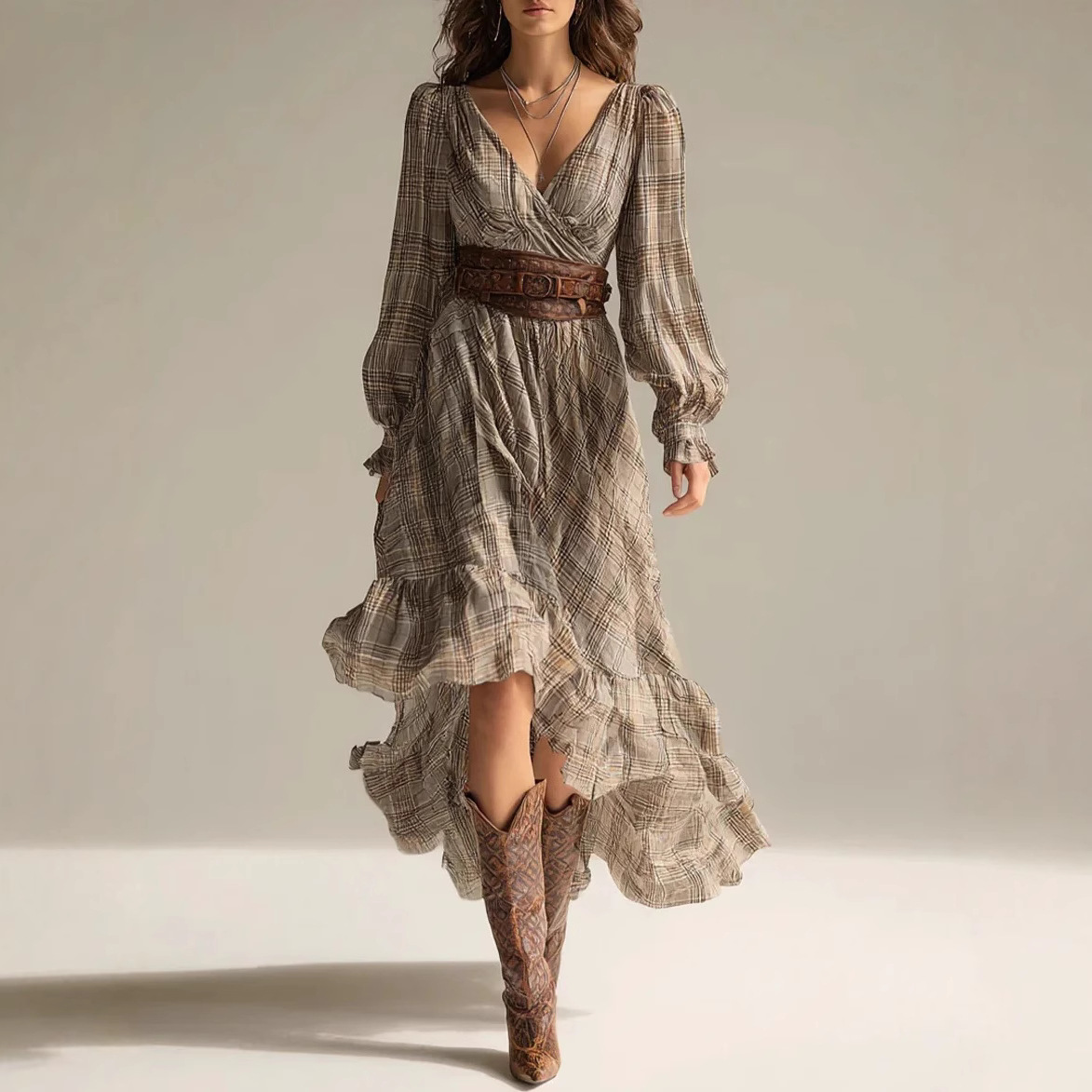 Plaid V-neck Long-sleeve Dress With Ruffled Hem