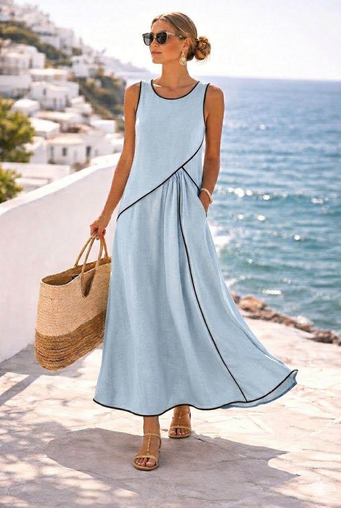 Mediterranean Contrast Color Vacation Dress in Light Blue – fresh coastal summer look