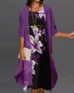 Two-piece Floral Print Mid-length Sleeves Long Dress - Floral - View 1