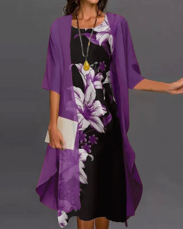 Two piece Floral Print Mid length Sleeves Long Dress Floral - Shop at LoveMi
