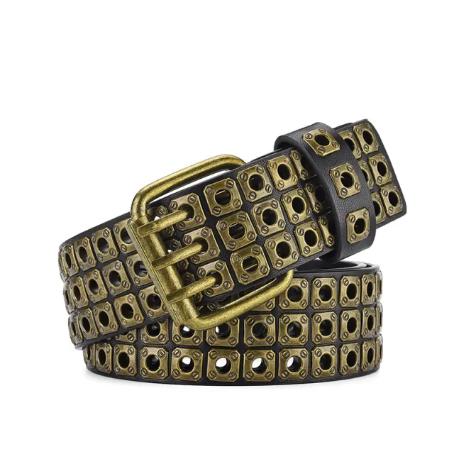 Women's Belt Punk Rivet Air Hole Wide Belt Black Bronze - Shop at LoveMi