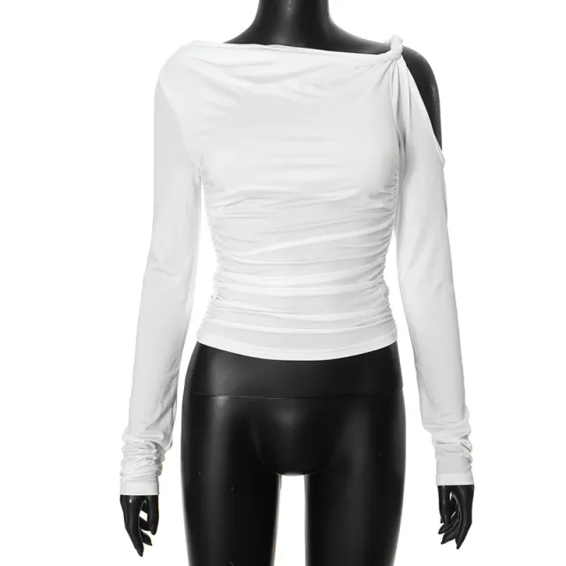 Diagonal Collar Pleated Asymmetric Long sleeved Top White - Shop at LoveMi