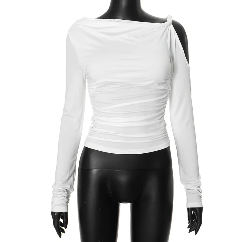 Diagonal Collar Pleated Asymmetric Long-sleeved Top - White