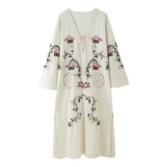Flower Embroidered Long Sleeve Dress - View 1