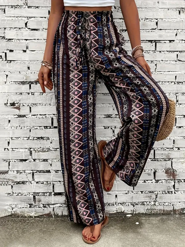 Bohemian Print Loose fitting Wide leg Trousers Maroon - Shop at LoveMi