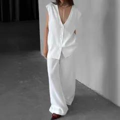 White V-neck Cotton And Linen Sleeveless Waistcoat Vest High Waist Pants Suit - White - View 1