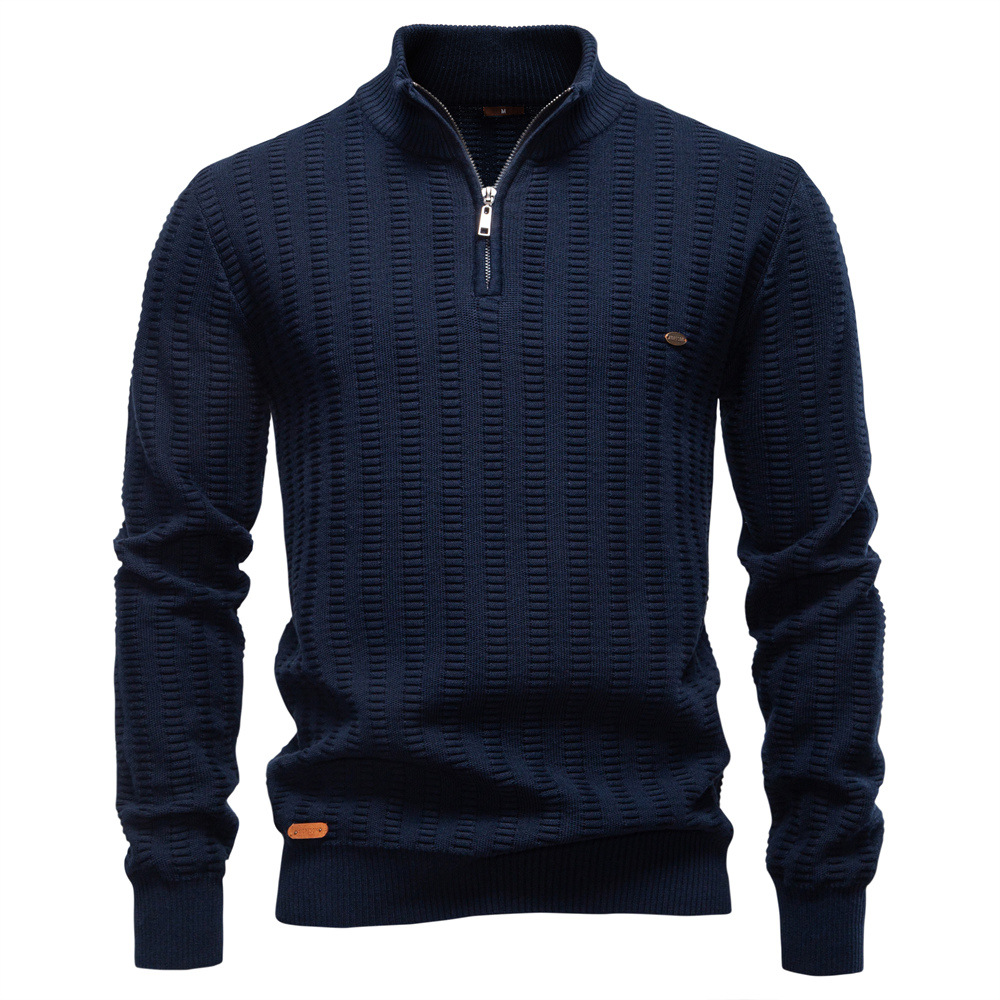 Mens Striped Jacquard Sweater With Half Zip And Stand Collar