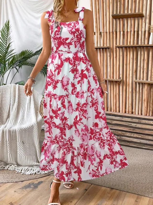 Sexy Sleeveless Lace Printing Fashion Midi Dress Pink - Shop at LoveMi