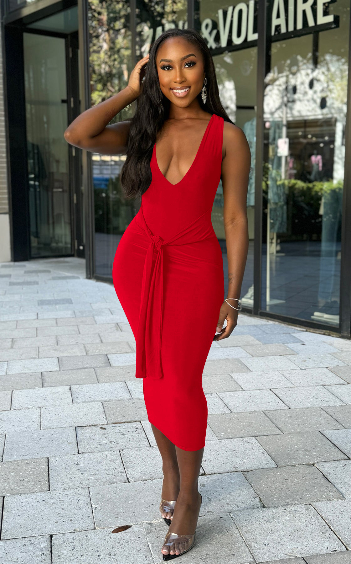 Fashionable V-neck Solid-color Long Dress A176cf7a D7e6 4105 9b44 F17e8f772d5e