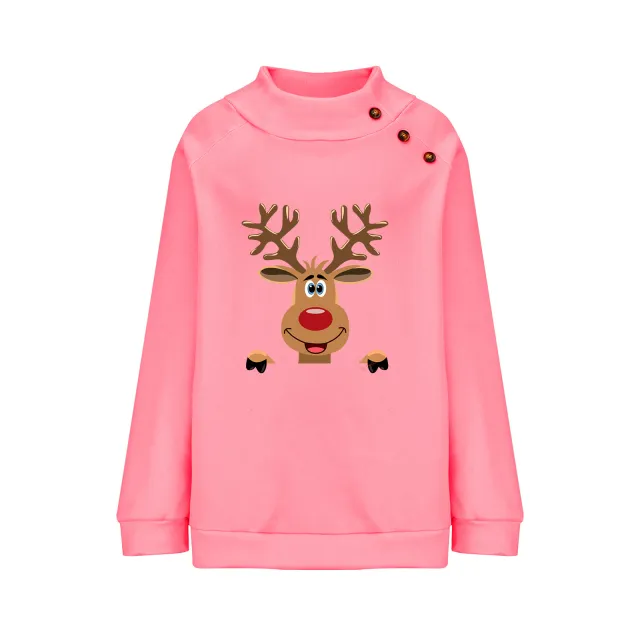 Deer Cartoon Turtleneck Buttons Loose Long Sleeve Sweatershirt Female Pink - Shop at LoveMi