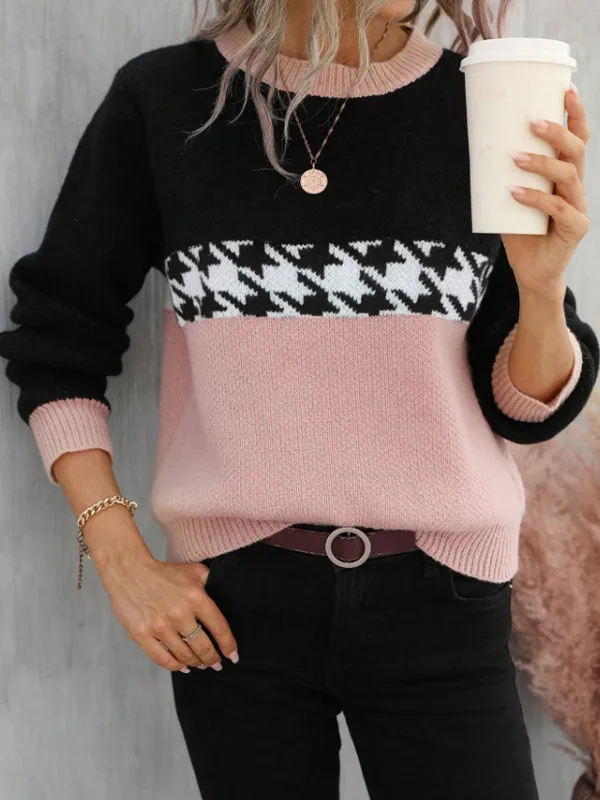 Contrast Color Pullover Round Neck Knitted Sweater Fashion Geometry Pattern Pink - Shop at LoveMi