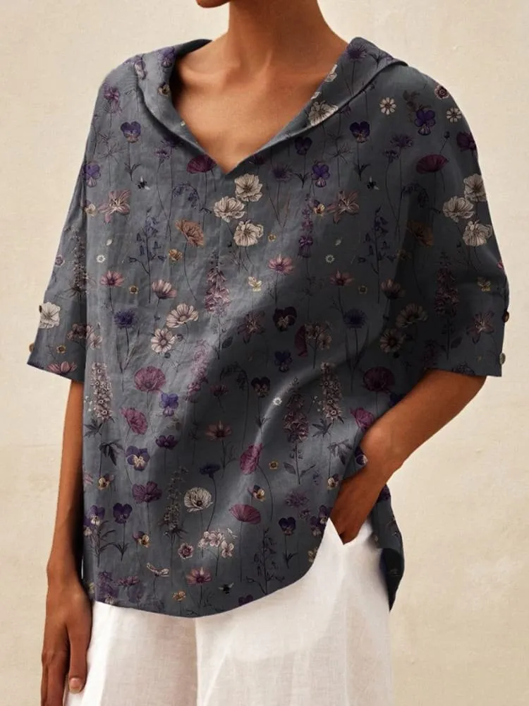 Women's Creative Printing Cotton And Linen Relaxed-fit Hoodie Top - Flower Dark Grey
