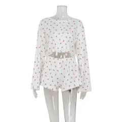 Round-neck Long-sleeve Crop Top With Loose Casual Shorts Set For Women - White - View 1