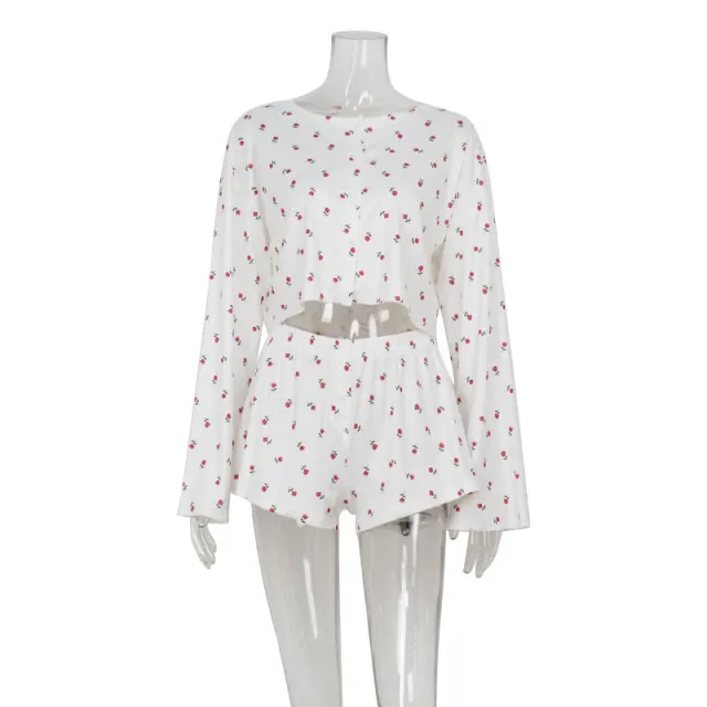 Round neck Long sleeve Crop Top With Loose Casual Shorts Set For Women White - Shop at LoveMi
