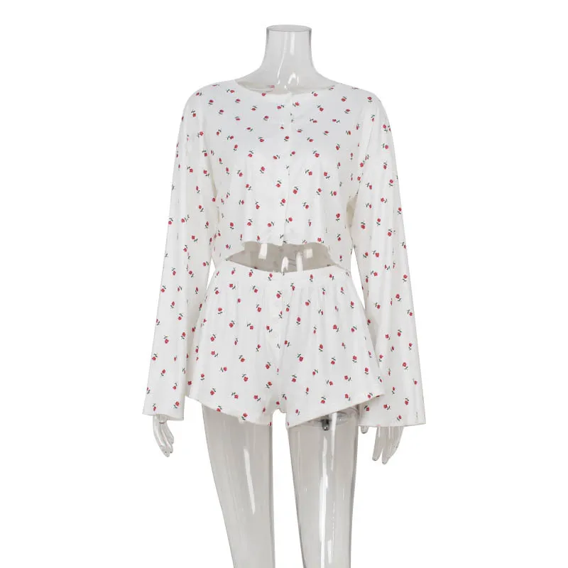 Round-neck Long-sleeve Crop Top With Loose Casual Shorts Set For Women - White