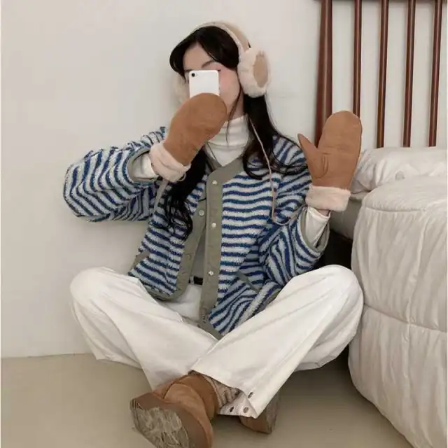 Autumn And Winter Wear Vintage Stripe Collarless Plush Contrast Color Long Sleeves Short Coat Protection Blue - Shop at LoveMi
