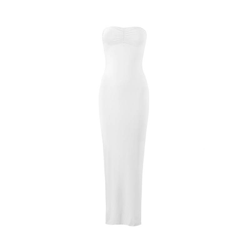 Spicy Girl Style Tube Top Bodycon Side Slit Long Solid Color Dress White - Shop at LoveMi