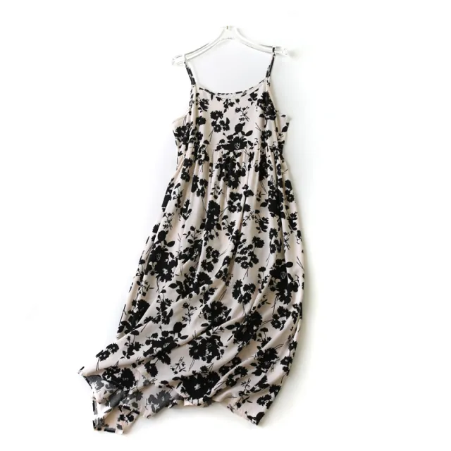 Long Floral Cotton Silk Waist Trimming Spaghetti Straps Dress Pink Black Small Floral - Shop at LoveMi