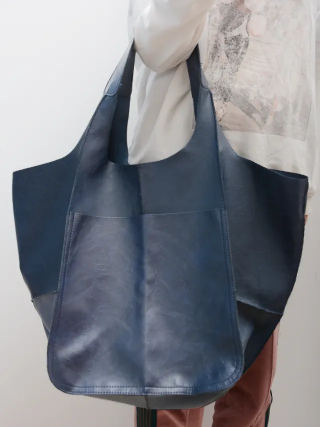 Simple Big Bag Soft Leather Large Capacity Shoulder Hand held Tote Blue - Shop at LoveMi
