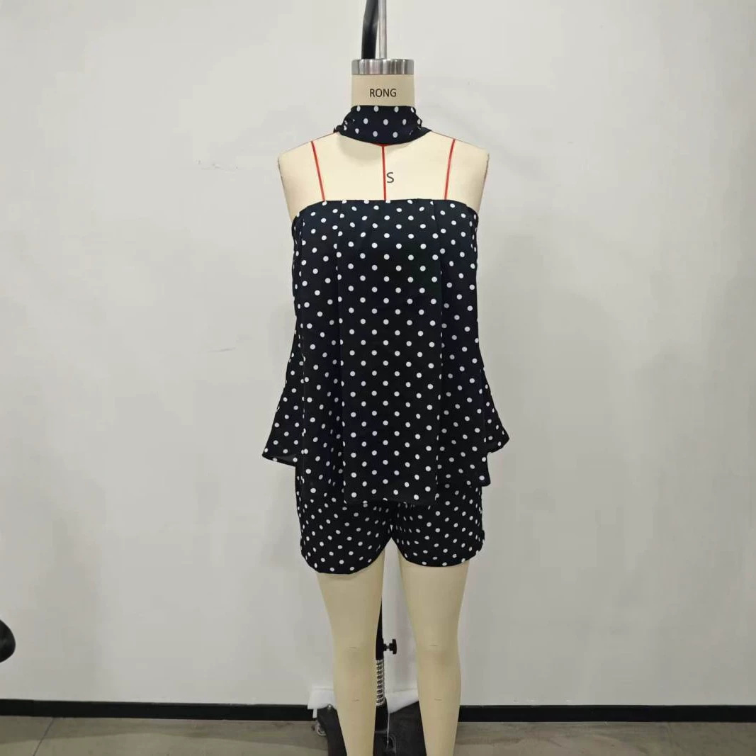 Summer Top Sleeveless Vest Short White Polka-dot Halterneck Shorts