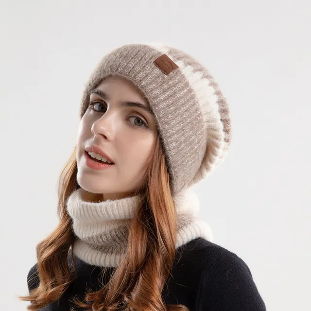 Knitted Hat Suit With Scarf Winter Two color Hat And Thick Warm Earflaps Wool Scarf Double Beige - Shop at LoveMi