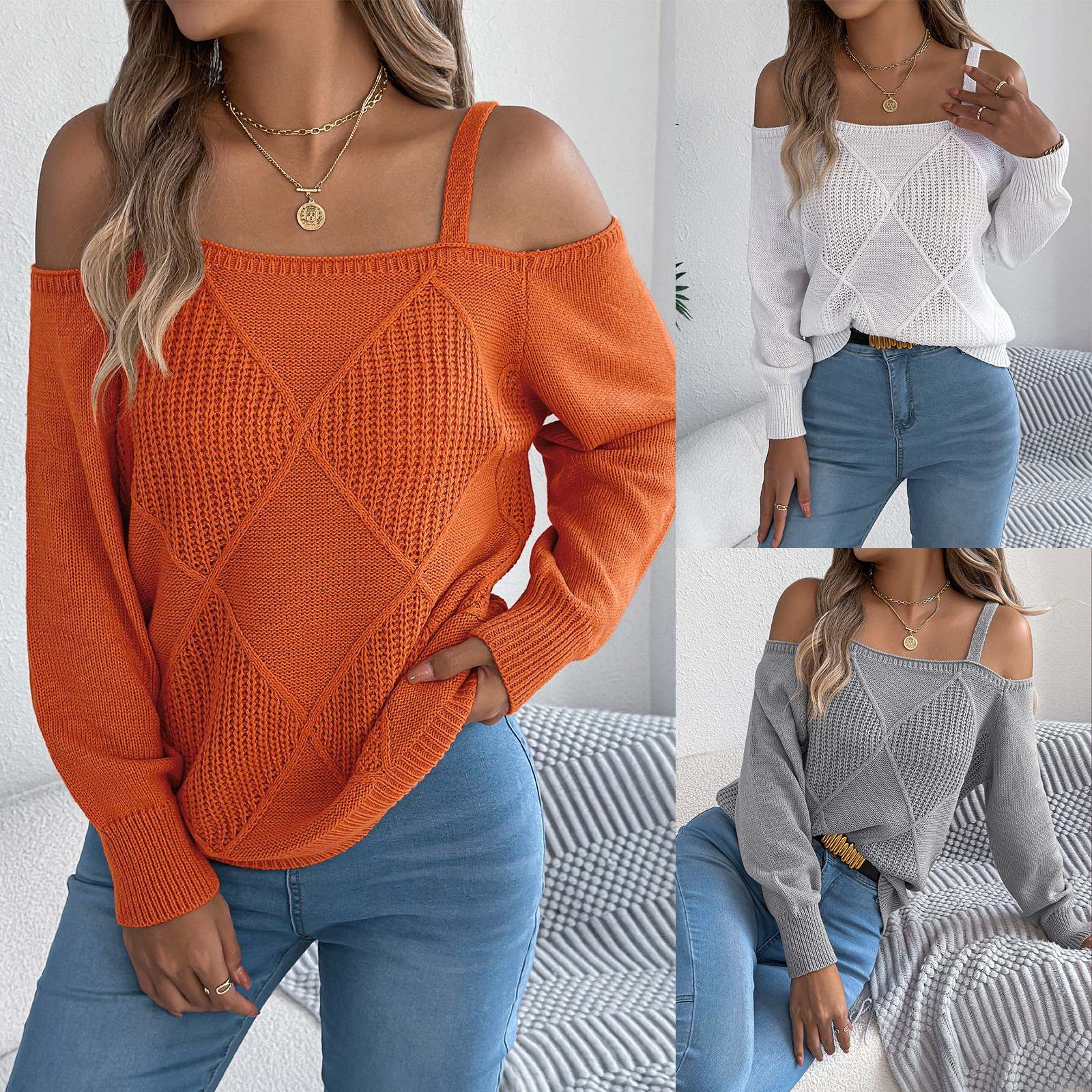 Solidcolor Cableknit Off Shoulder Lantern Sleeve Womens Top