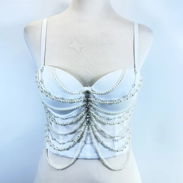 Women's Niche Tassel Bead Body Shaping Top Fishbone Vest White - Shop at LoveMi