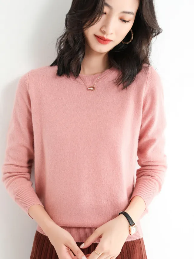 Slim Fit Solid Color Round Neck Base Pullover Sweater Leather Pink - Shop at LoveMi