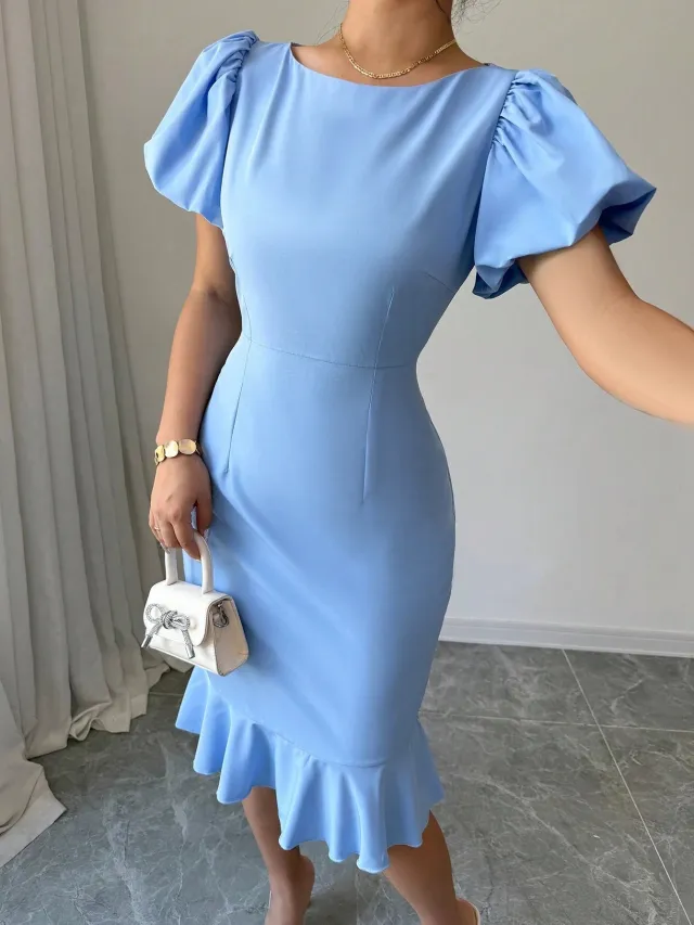 Round Neck Lantern Sleeve Ruffled Elegant Fishtail Skirt Sky Blue - Shop at LoveMi