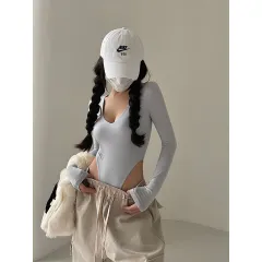 Sexy V-neck Elastic Skinny Slimming Long Sleeve Solid Colour Base Bodysuit T-shirt Top - Light Grey - View 1