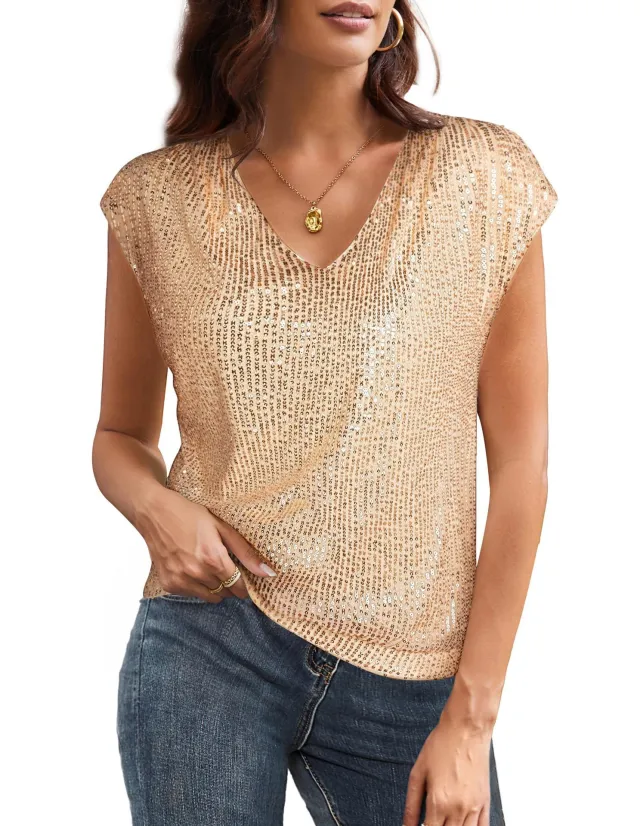 Women's V neck Sequins Short sleeved Top Vest Champagne Xl - Shop at LoveMi