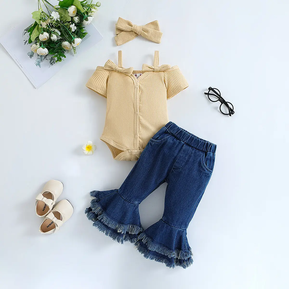 Summer Girls' Suit Ins Clothes For Babies Short Sleeve Strappy Romper Denim Bell-bottom Pants