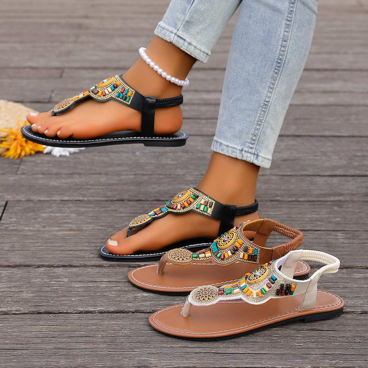 Flat-bottom Beaded Open-toe Beach Sandals For Outdoor Wear