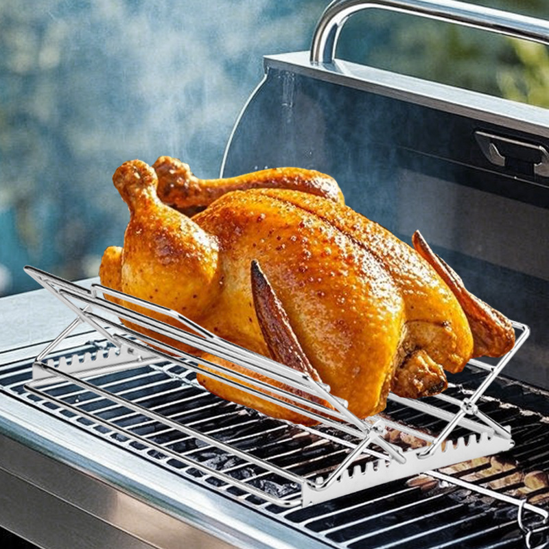 Adjustable Foldable Chicken Roaster Rack Stainless Steel BBQ Grill Stand For Oven Baking And Barbecue Cooking