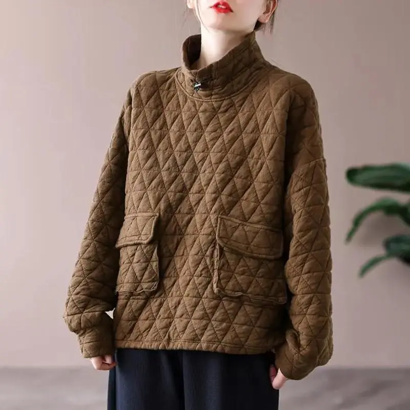 Women's Solid Color Versatile Loose Retro Diamond-patterned Top - Brown