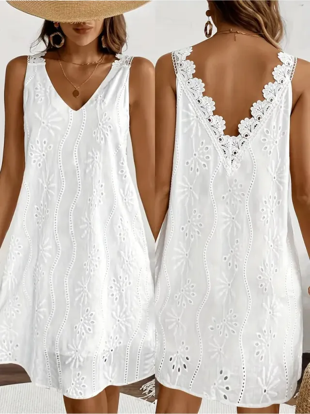 Solid color V neck Lace Sleeveless A line Dress White - Shop at LoveMi
