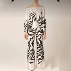 Summer Women's Clothing Printed Round Neck Loose Batwing Sleeve Waist Wide Leg Pants Fashion Casual Set - Black Stripes - View 1