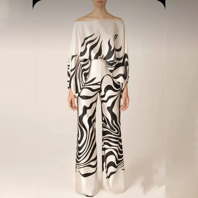 Summer Women's Clothing Printed Round Neck Loose Batwing Sleeve Waist Wide Leg Pants Fashion Casual Set Black Stripes - Shop at LoveMi