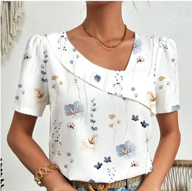 Casual Solid Color Plus Size Fashion Tops - White Background Long Flower