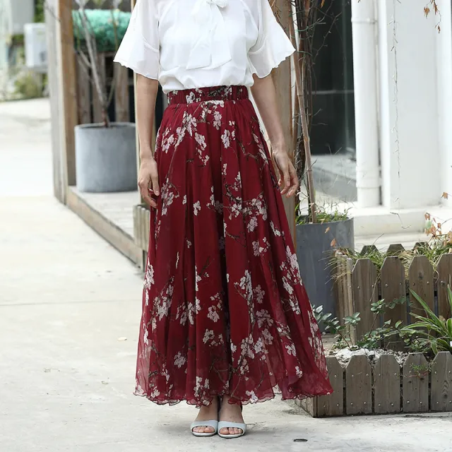 Chiffon Skirt Printed Floral High Waist Slimming Wine - Shop at LoveMi