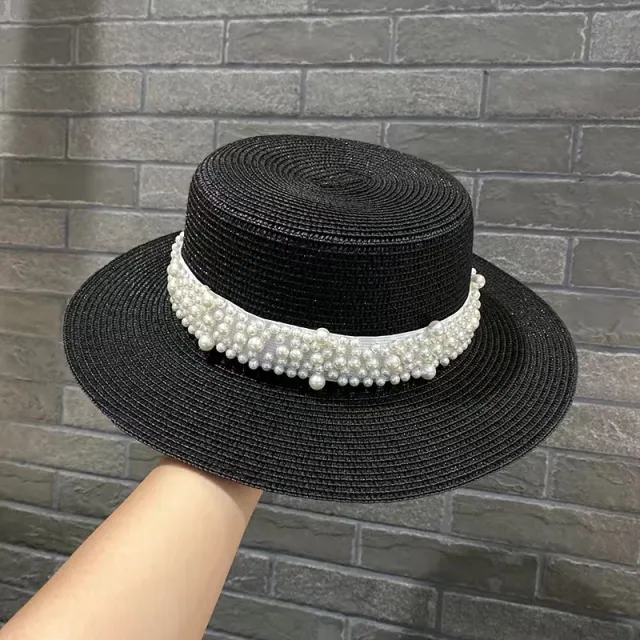 Retro Fashion Versatile Pearl Flat Top Sun Protection Beach Hat Black - Shop at LoveMi