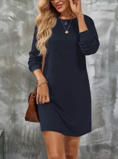 Women's Long-Sleeve Round-Neck Knitted Solid-Color Dress - Navy Blue - View 1