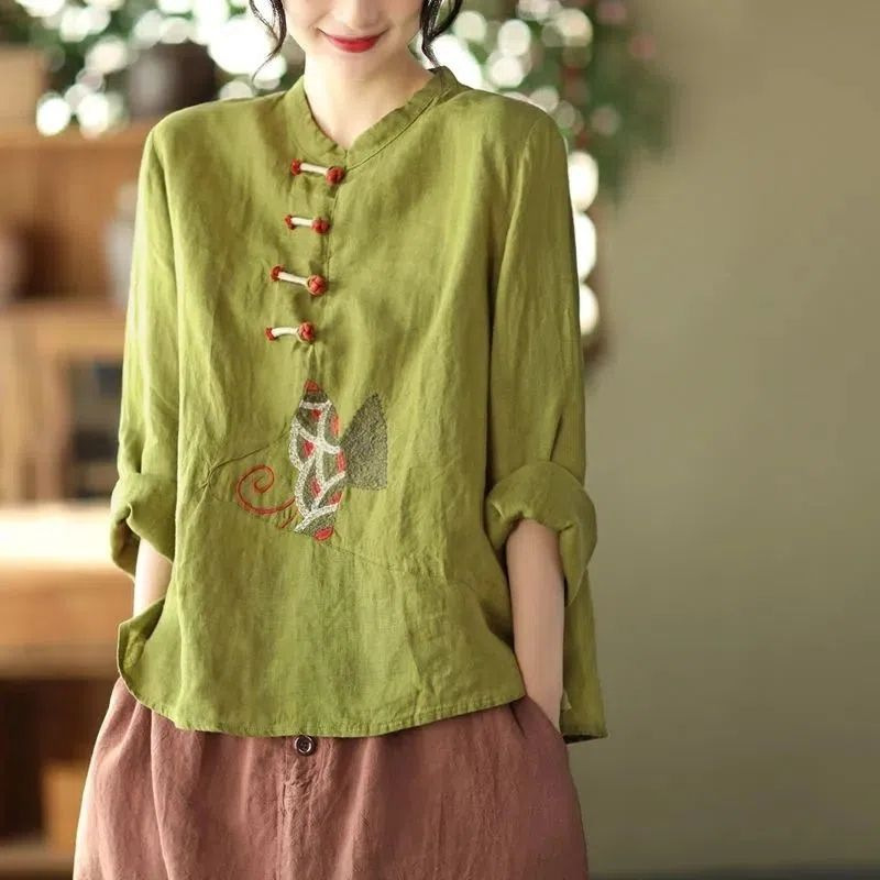 Ethnic Style Plus Size Cotton And Linen Shirt For Women