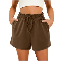 Solid Colour Casual Home Pocket Loose Shorts - Brown - View 1