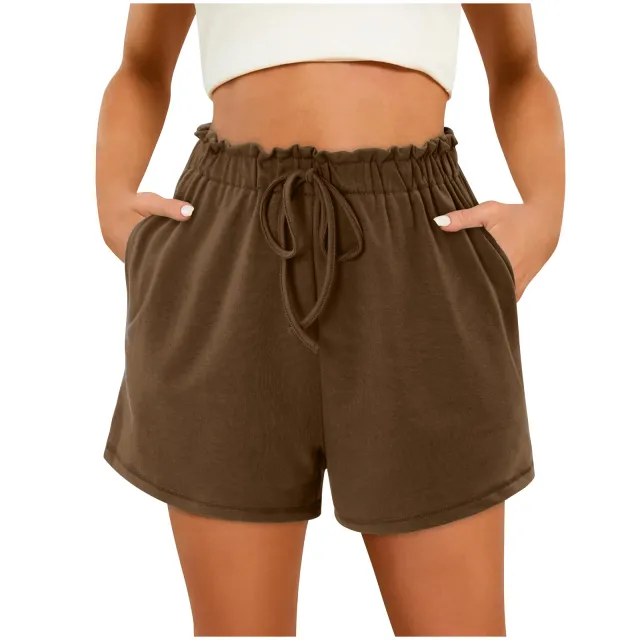 Solid Color Casual Home Pocket Loose Shorts Brown - Shop at LoveMi