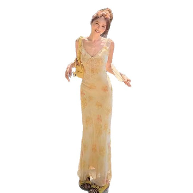 French Style V-neck Sleeveless Floral Dress Women